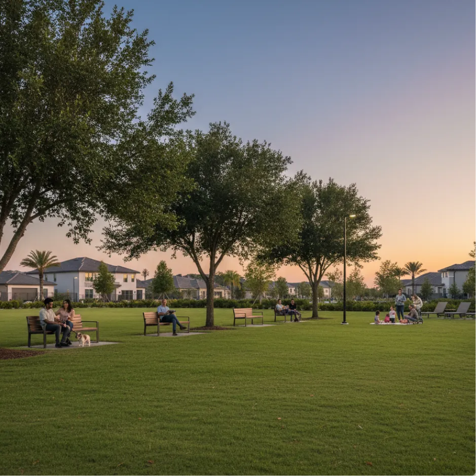 Open lawn and seating in the community park